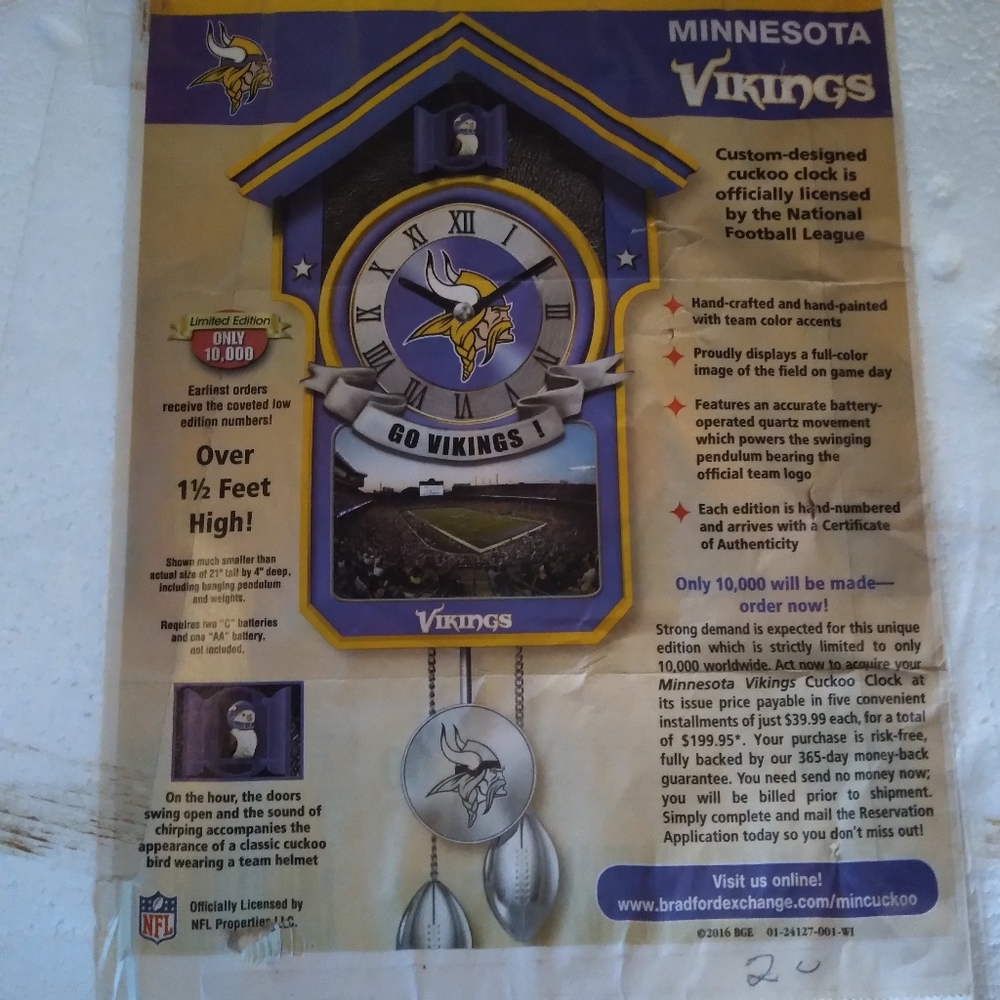 Bradford exchange Minnesota Vikings cuckoo clock.